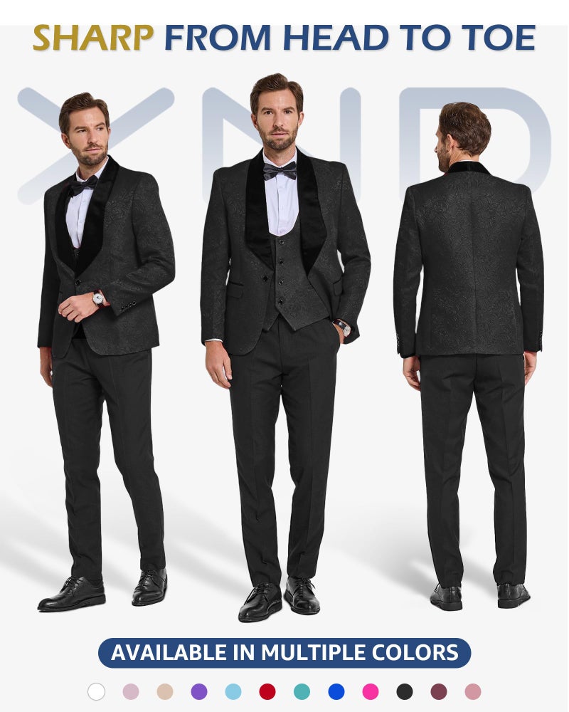 YND Men's 3 Piece Slim Fit Tuxedo Set, Solid Shawl Collar Jacquard Jacket Vest Button Pants, Black - Image 2